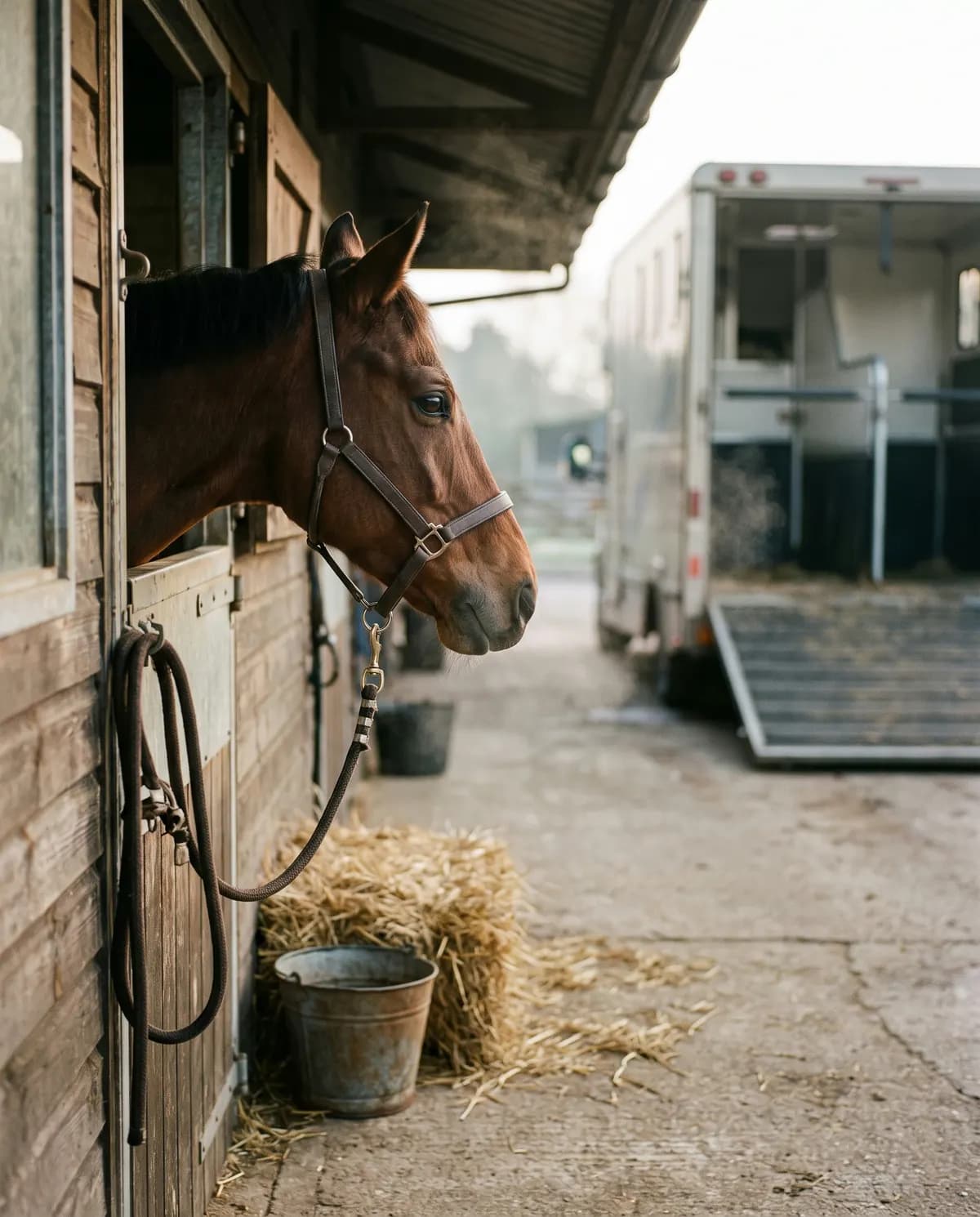 Un caballo asomado a la puerta de su box, con un remolque esperando en el patio.
