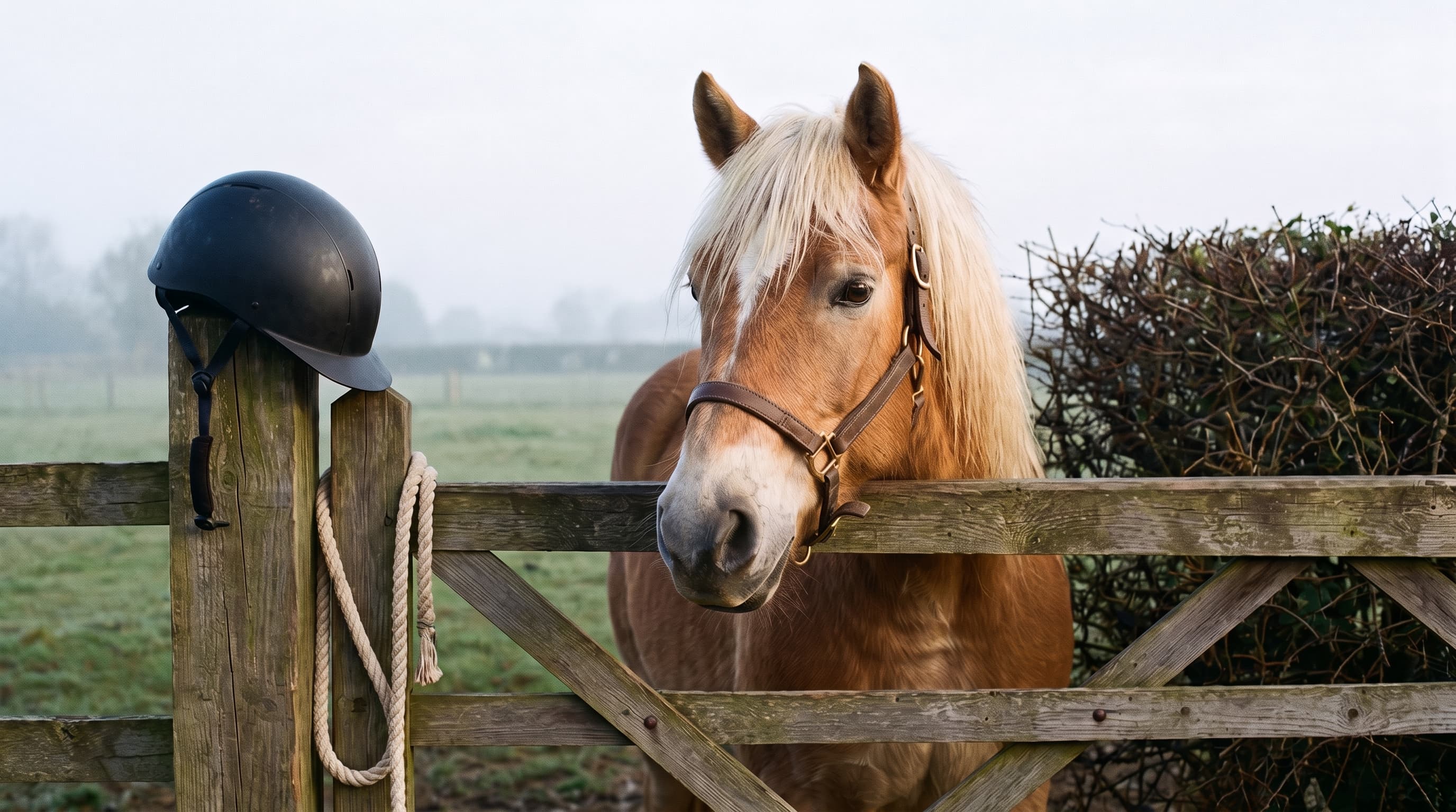 Un caballo alazán de crines claras apoya la cabeza sobre una cancela de madera de un prado en una mañana de niebla, con un casco de montar colgado del poste de la cancela y una cuerda enrollada al lado.