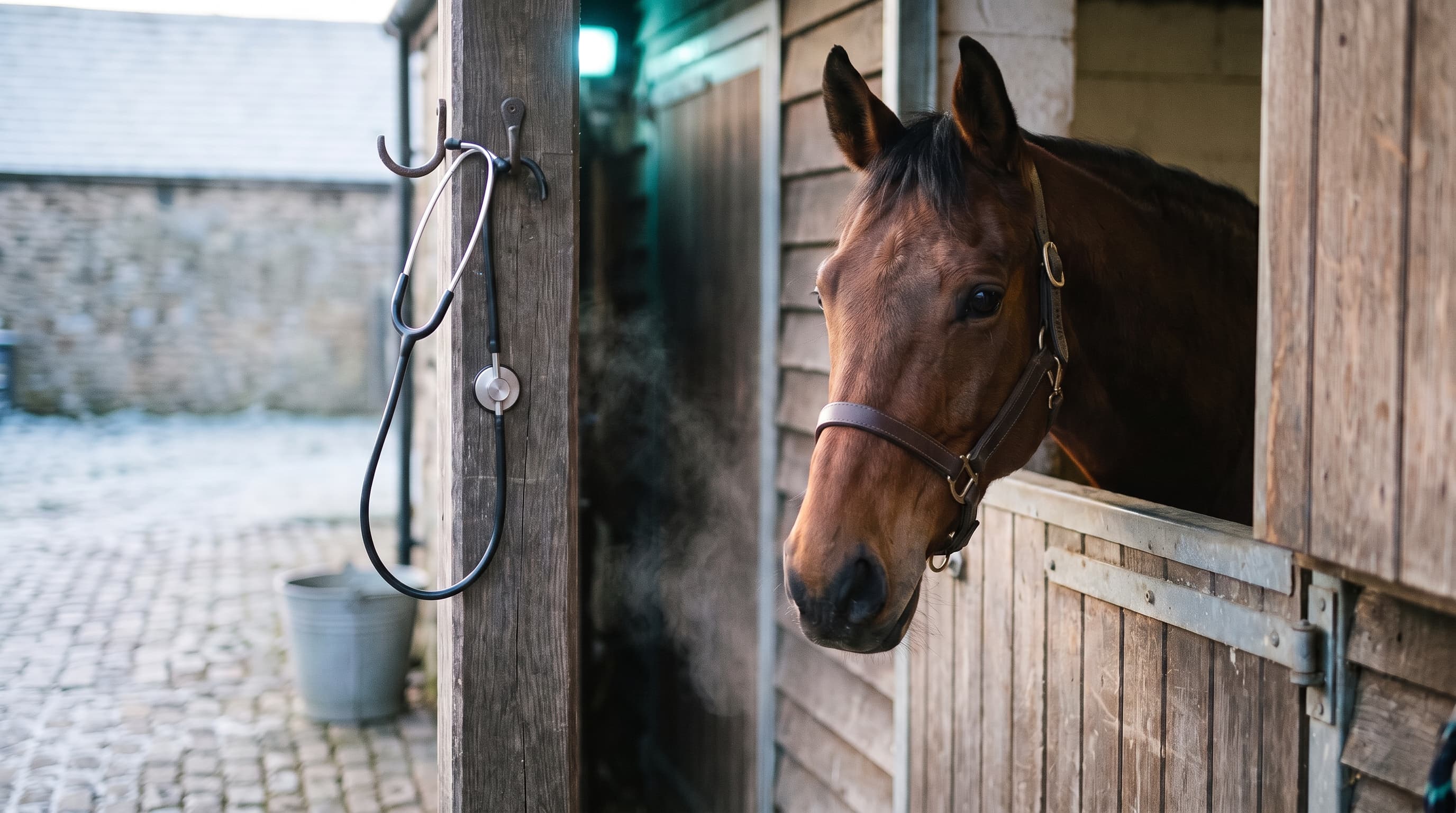 Un caballo castaño tranquilo asomado a la puerta gastada de una cuadra en una mañana de escarcha, con un fonendoscopio colgado de un gancho en el marco de la puerta.