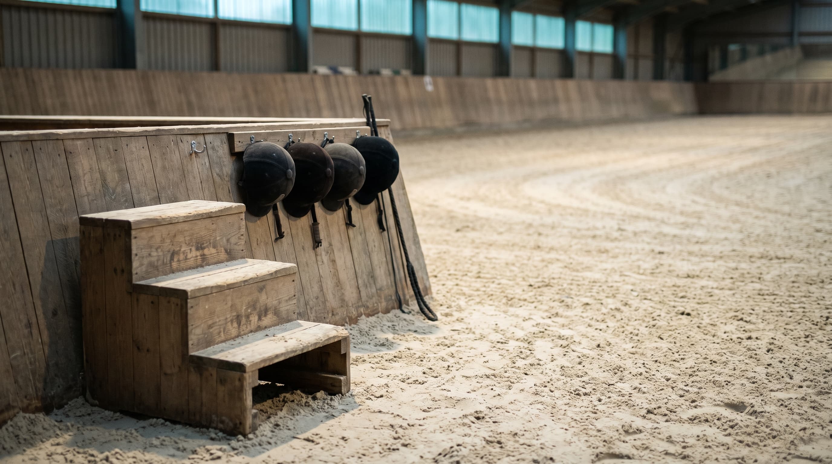 La esquina de una pista cubierta vacía antes de la primera clase: un subidor de madera sobre la arena rastrillada, cascos de montar negros colgados de ganchos a lo largo de la pared de tablas y una fusta de doma larga apoyada a su lado.