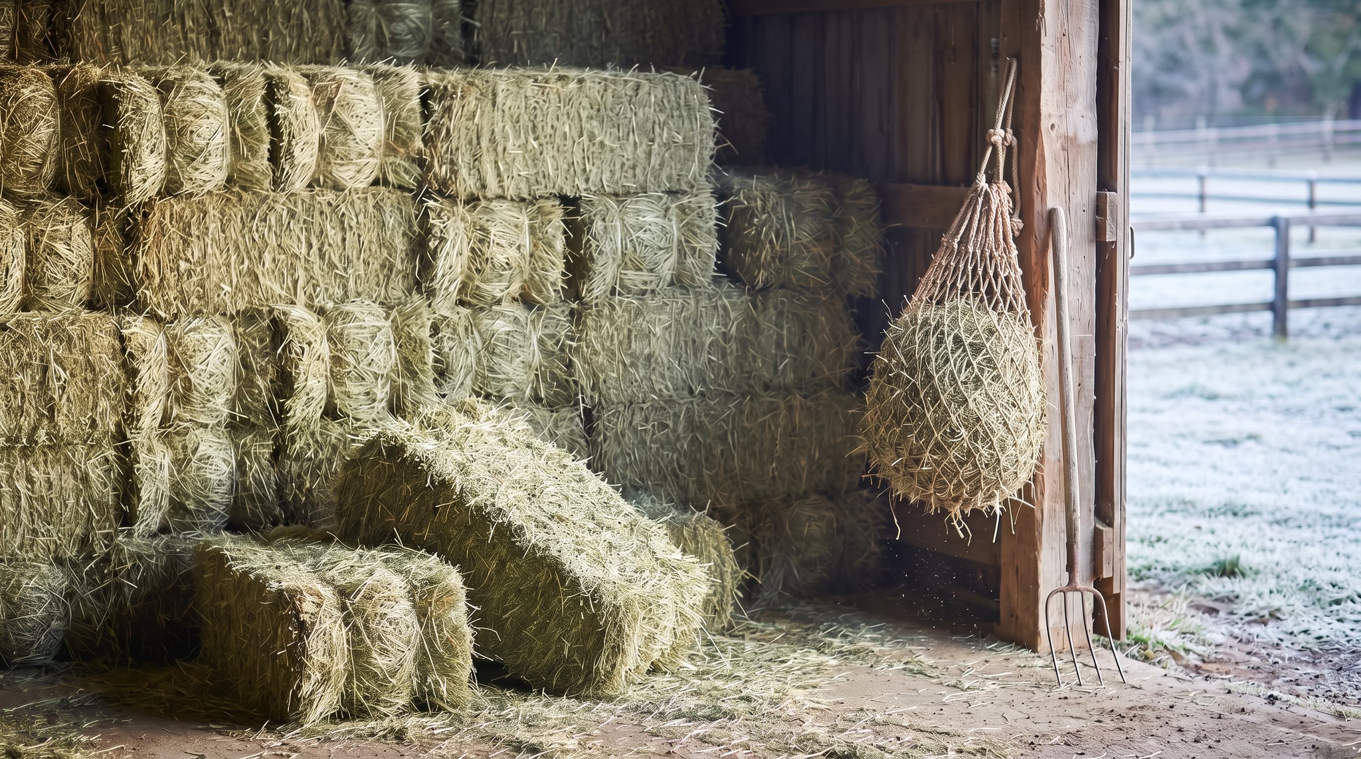 Una pila de pacas pequeñas de heno en un granero de madera con una paca caída y abierta delante, una red de heno llena colgada de un poste y una horca de heno apoyada al lado, y un prado con escarcha a través de la puerta abierta.