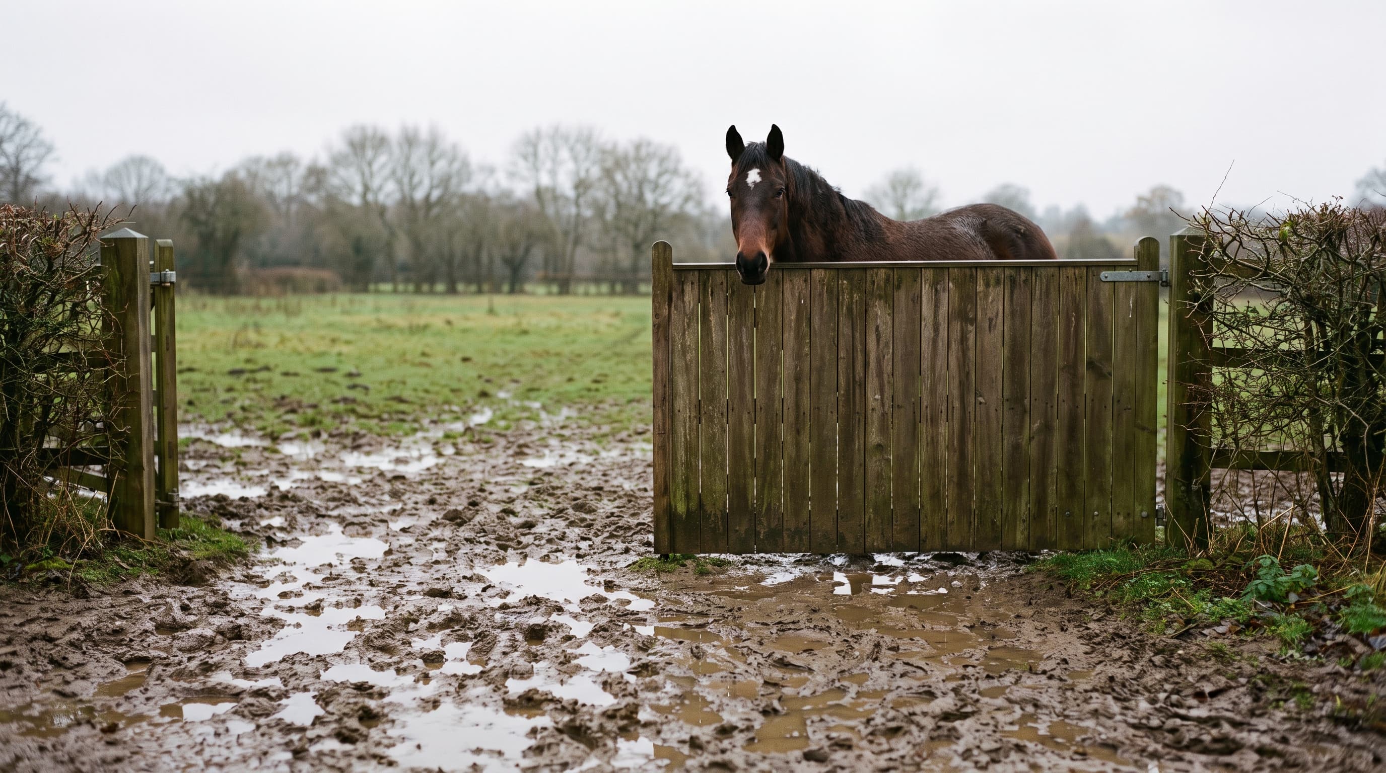 Un caballo castaño con una estrella blanca asomado a una puerta de madera de un prado, con la entrada convertida en un barrizal lleno de charcos en un día gris.