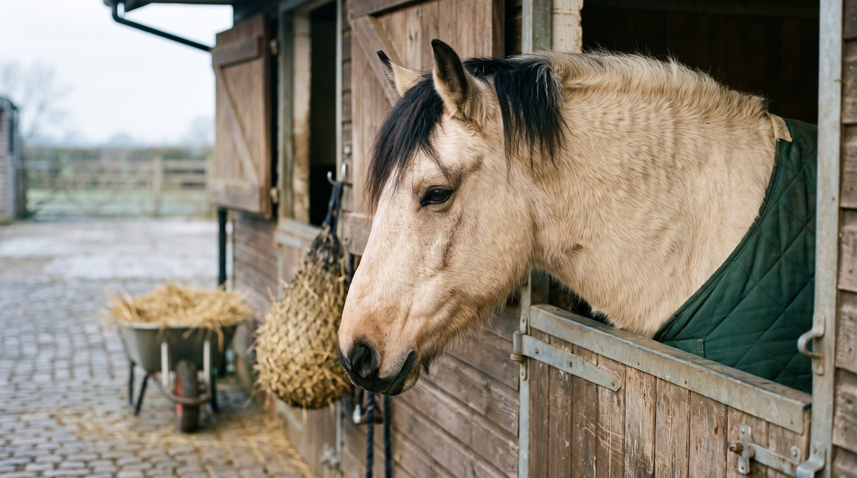 Un caballo bayo con un espeso pelo de invierno y una sencilla manta acolchada verde se asoma por una puerta de cuadra desgastada; detrás, en el patio empedrado, una red de heno y una carretilla con paja.