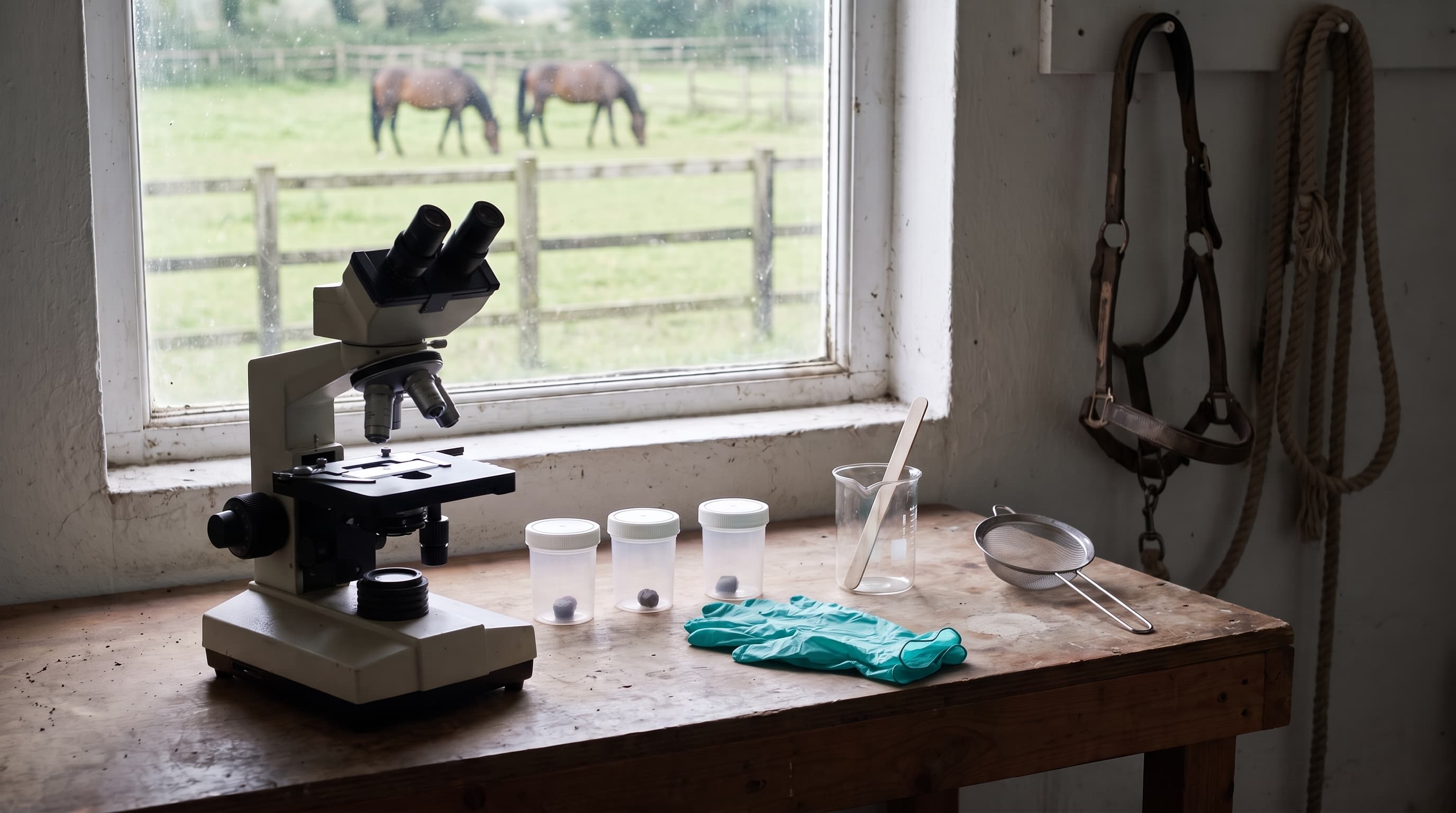 Un microscopio y unos botes pequeños de muestras sobre el banco de trabajo de un guadarnés, junto a un par de guantes, un vaso de precipitados y un tamiz, con caballos pastando en un prado al otro lado de la ventana.