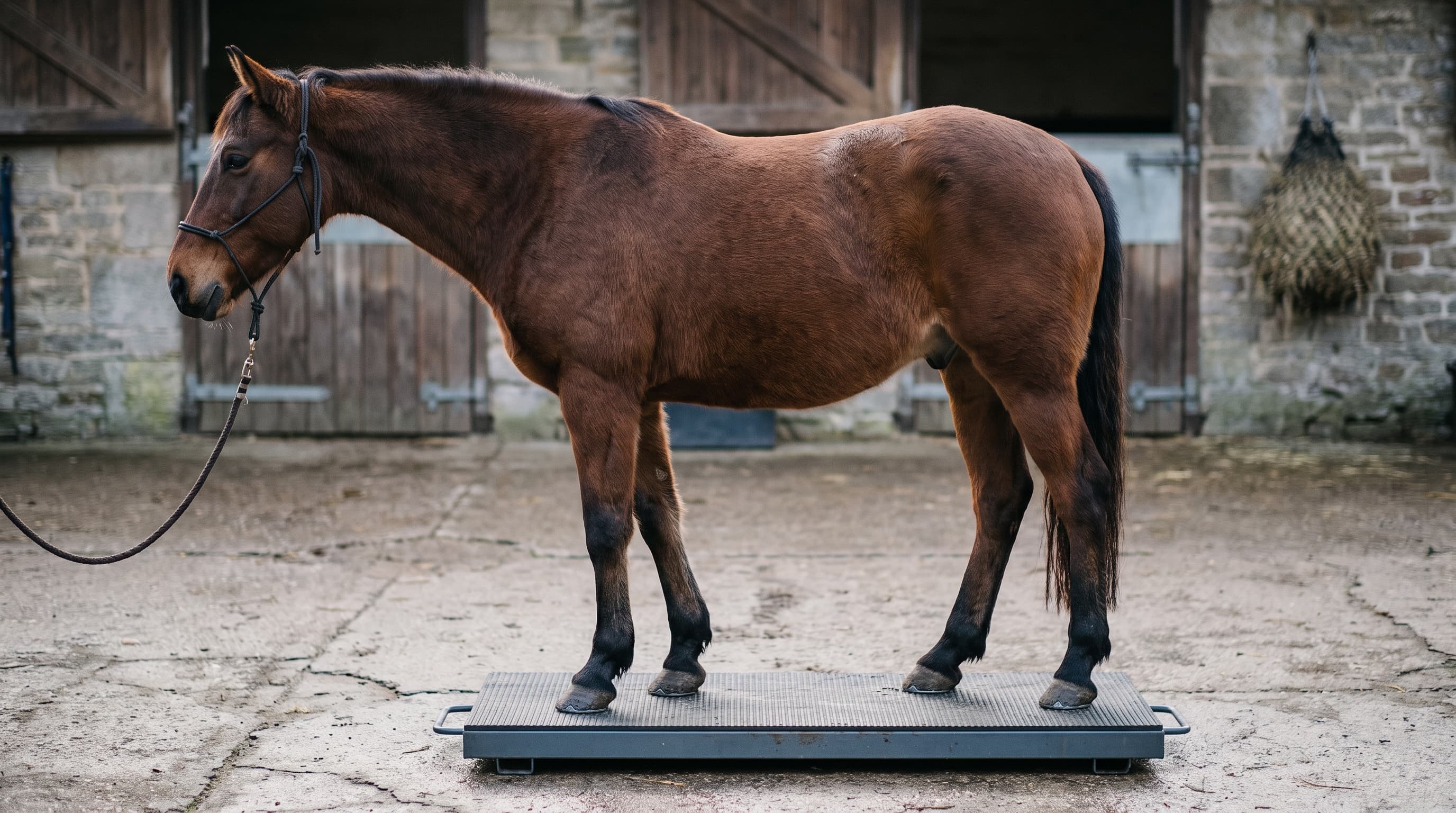 Un caballo castaño con cabezada de cuerda, de perfil sobre una plataforma de pesaje gris y baja en un patio de cuadras de piedra, con puertas de madera y una red de heno en la pared del fondo.