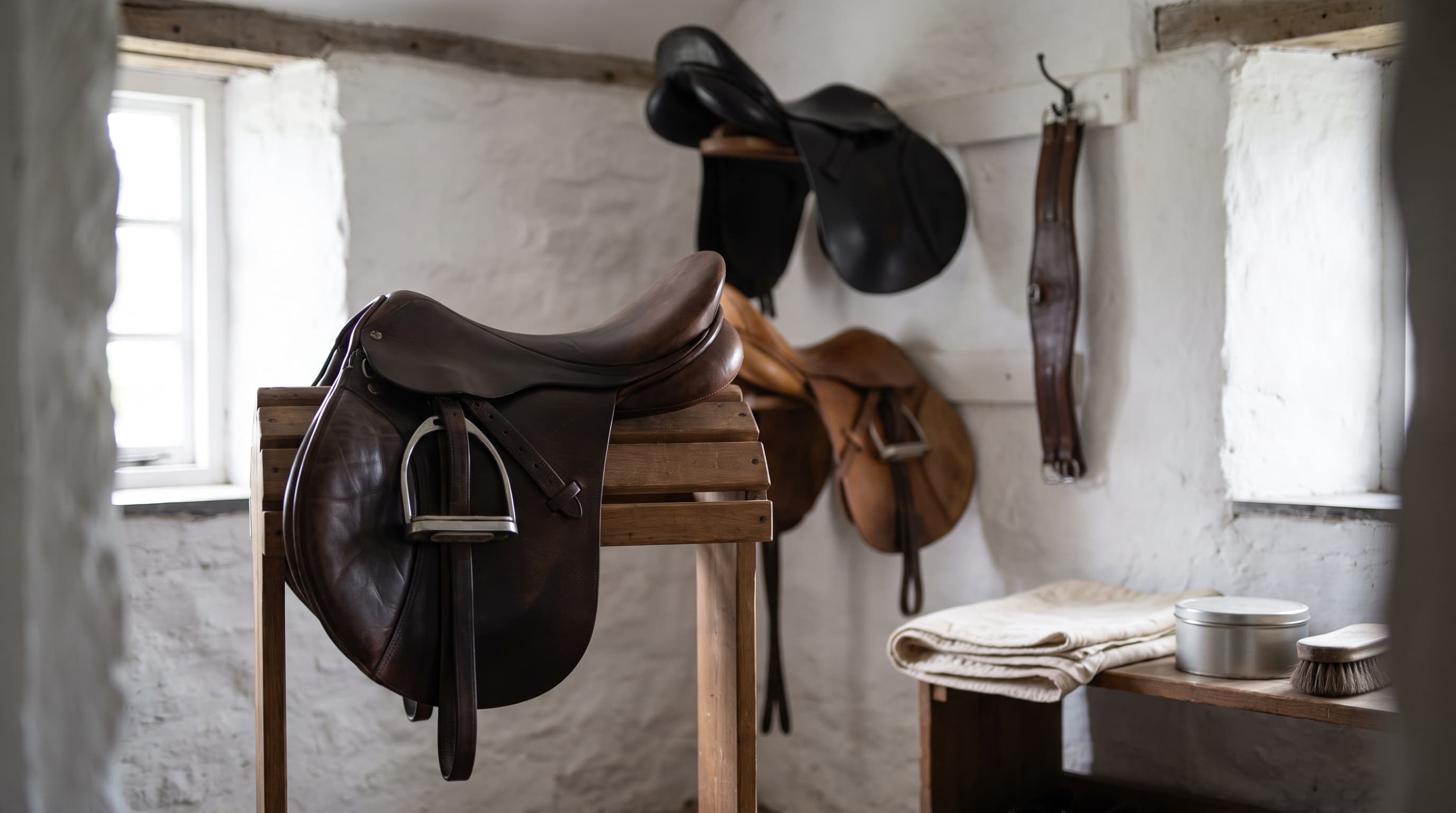 Una silla inglesa de cuero marrón sobre un soporte de madera en un guadarnés encalado, con un estribo colgando sobre su faldón, más sillas y una cincha en la pared del fondo y un sudadero doblado, una lata y un cepillo en un estante.
