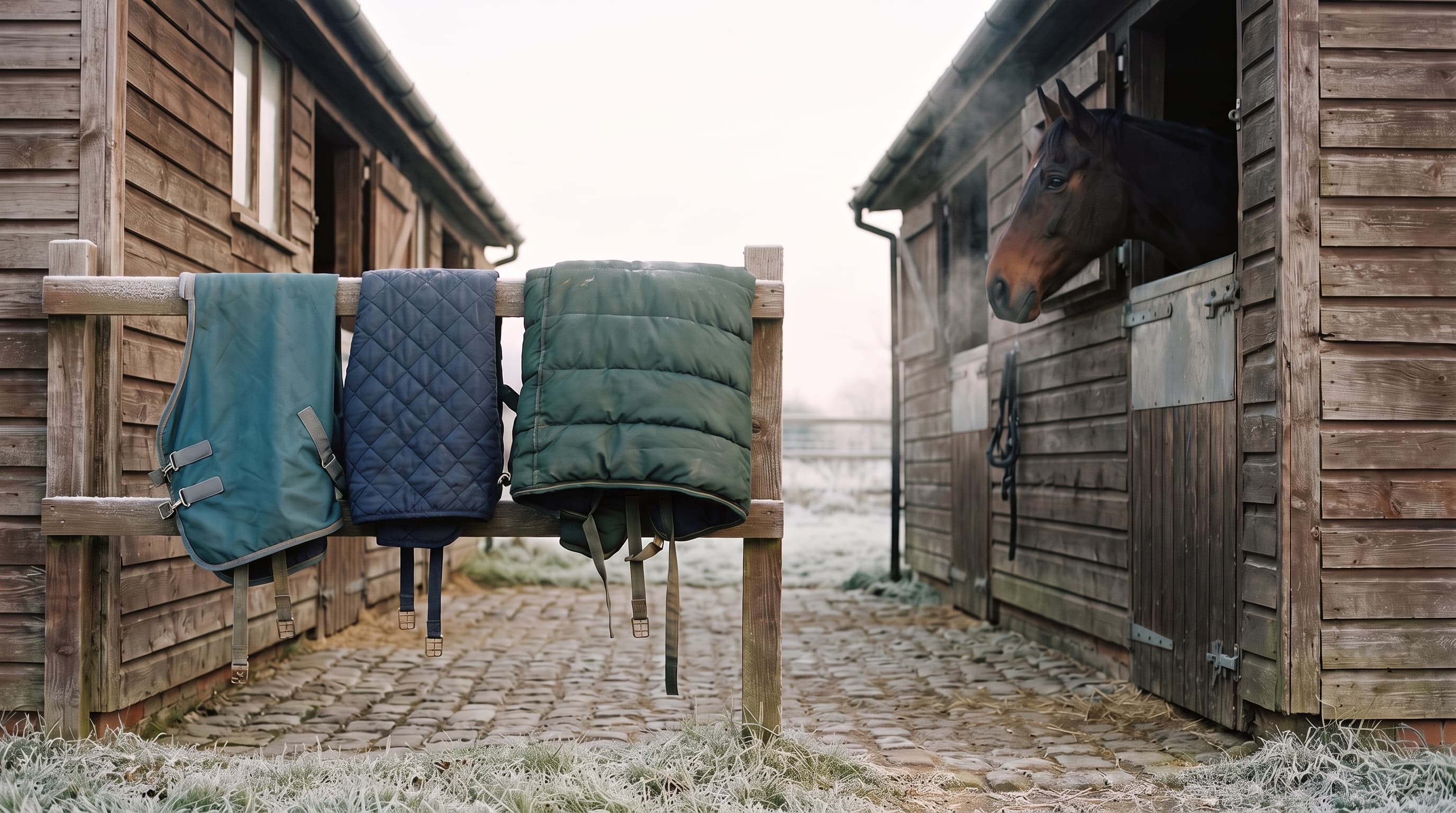 Mantas para caballos de distintos grosores colgadas sobre una barandilla de madera con escarcha en el patio empedrado de una cuadra con la primera luz, y a la derecha un caballo castaño asomado sobre la puerta de un box, con el vaho de su aliento visible en el aire frío.